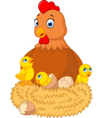  a chicken with many cracking eggs