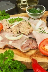 Crushed tuna canned. The fishing industry, canned fish. Diet food. Tinned tuna. Bowl with canned Tuna. Domestic food preparation.
