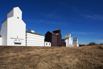 Tall industrial wooden grain elevators beside a railroad