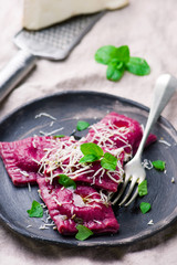 beet  ravioli with goat cheese