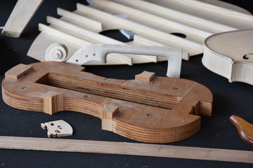 The materials needed to make a handcrafted violin are on the table. © Arda ALTAY