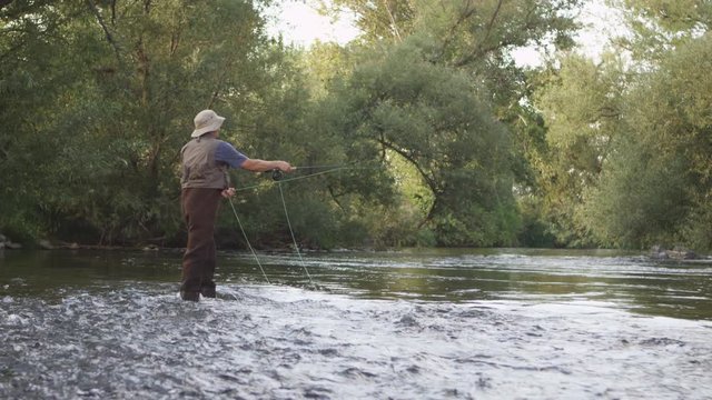 Slow motion of man fishing