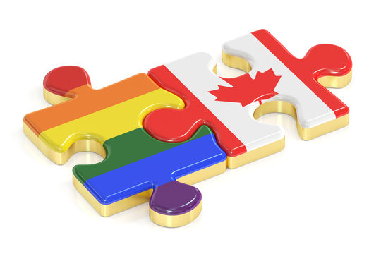 Gay Pride Rainbow and Canada puzzles from flags, 3D rendering