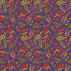 floral seamless pattern with rowan and branches.watercolor hand drawn illustration.violet background.