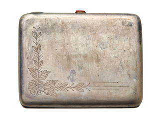 Vintage metal cigarette case with an engraving on the lid - obrazy, fototapety, plakaty