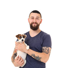 Handsome man with cute dog, isolated on white