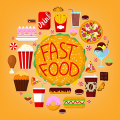 Fastfood Icons Set with Burger, Soda and Pizza. Unhealthy Food Concept. Vector illustration