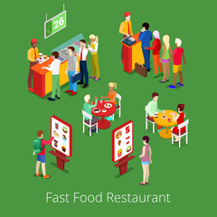 Isometric Fast Food Restaurant Interior with Self-Service Terminal. Vector illustration