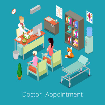 Isometric Medical Cabinet Interior Doctor Appointment with Patient. Vector illustration