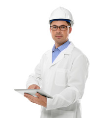 Construction worker with tablet, isolated on white