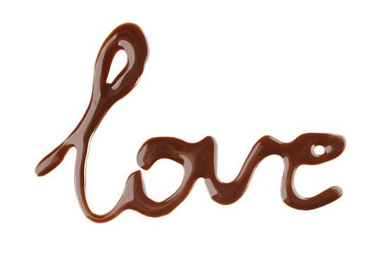 Word LOVE made of liquid chocolate, isolated on white