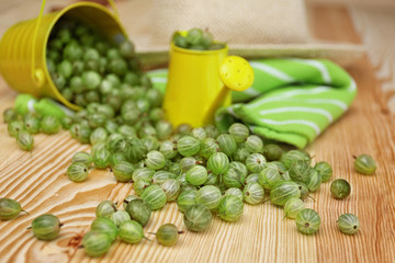 Fresh gooseberries with small watering can on wooden table