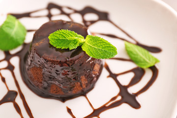 Chocolate fondant cake with mint on the plate, closeup