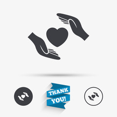 Life insurance sign icon. Hands protect cover.