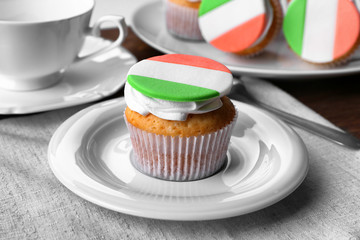 Tasty cupcakes on plate. Saint Patrics Day concept