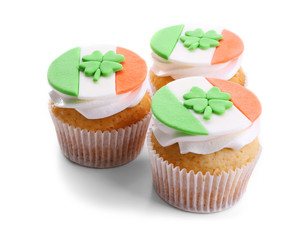Tasty cupcakes, isolated on white. Saint Patrics Day concept