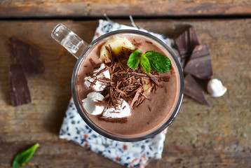 Chocolate smoothie with banana, oatmeal, almonds and marshmallow