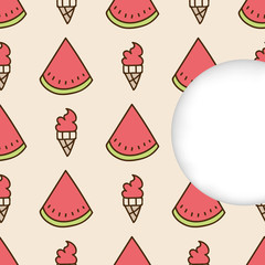 Greeting card background. Paper cut out, white shape with place for text. Frame with seamless pattern. Seamless summer hand drawn pattern. Slices of watermelon and watermelon ice cream cone