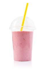 Strawberry smoothie in plastic transparent cup