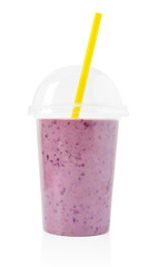 Blackberry smoothie in plastic transparent cup