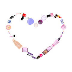 Obraz premium Set of decorative cosmetics in heart shape with space for text, vector flat illustration, makeup. Beauty store, shop