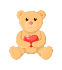 Cute teddy bear holding a heart, soft toy, vector illustration and art
