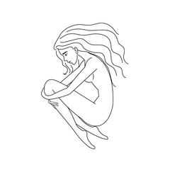 The girl with long black hair lying on the floor. Psychology concept, melancholy, depression, mind. Outline freehand drawing vector illustration
