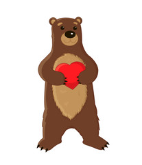 Cute big brown bear standing on its hind legs and keeps the heart, love card template, zoo mascot. Freehand drawing illustration