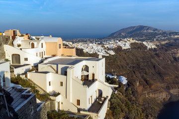Amazing Panorama to town of Fira and Prophet Elias peak, Santorini island, Thira, Cyclades, Greece