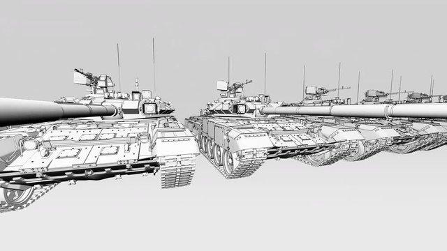 Multiple battle tanks side by side, sketchy animation. Seamless loop able 4K clip