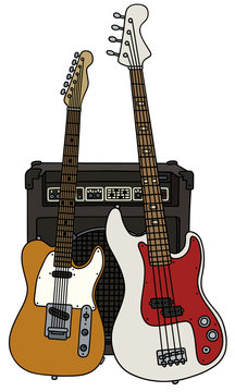 Hand drawing of classic and bass electric guitars with the combo