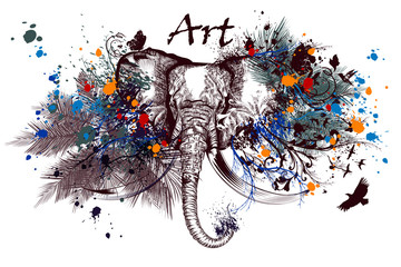 Illustration with elephant, flourishes, ink spots and butterflie © Mary fleur
