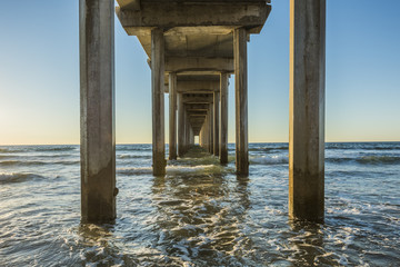 Symmetrical shot under Scripps Pier with waves during sunset in La Jolla, San Diego, California