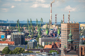 Gdansk, Poland- September 19,2015:Big green cranes in shipyard o