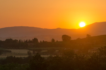 Umbria, sunset on the hills near Assisi