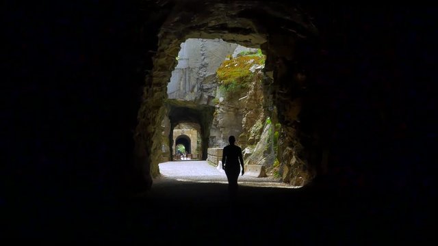 4K Abandoned Train Tunnels, Woman Walks From Dark into Light, 1800s Railroad