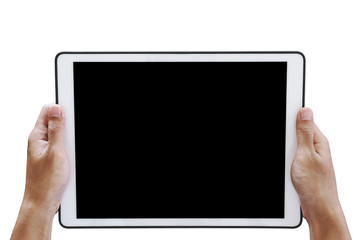 Hand holding digital tablet, with copy space on screen, isolated on white background
