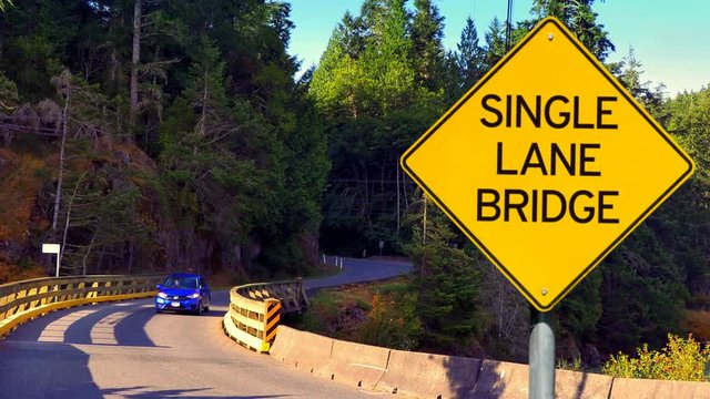 4K Single Lane Bridge, Yellow Diamond Sign, Yellow Traffic Signal