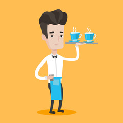 Waiter holding tray with cups of coffeee or tea.
