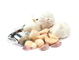 Metal garlic press utensil isolated