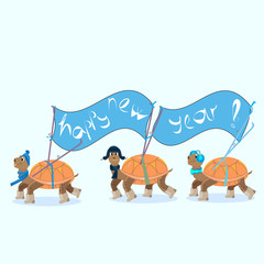 turtles with skis carry the banner happy new year