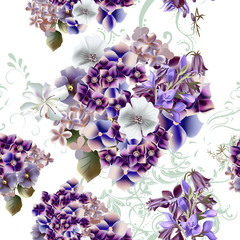 Floral vector pattern with detailed flowers in purple color