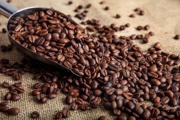 Coffee beans and a metal scoop on a burlap