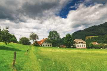 Fototapeta na wymiar Scenic countryside landscape: green summer mountain valley with forests, fields and old houses in Germany, Black Forest
