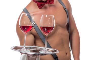 waiter stripper with the wine glasses on a tray isolated