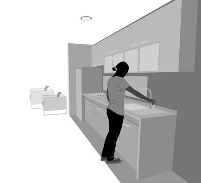 Young Woman In Kitchen Room Vector Silhouette People Scene On A White Background