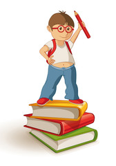 School boy standing on the book stack.