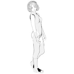 One young girl drawn in anime style. She is flirting half the right side to the camera. Her hands lowered