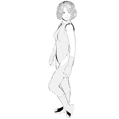 One young girl drawn in anime style. She is flirting and turning the left side towards the camera