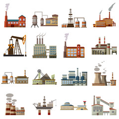 Factory icons set in cartoon style. Industrial building set collection vector illustration